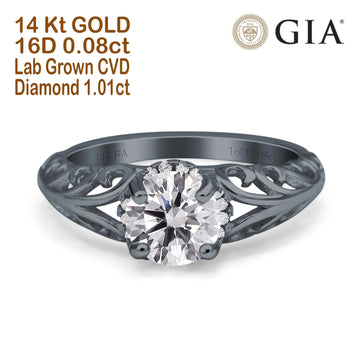 14K Black Gold Round Art Deco Filigree GIA Certified 6.5mm D VS1 1.01ct Lab Grown CVD Diamond Engagement Wedding Ring Size 6.5
